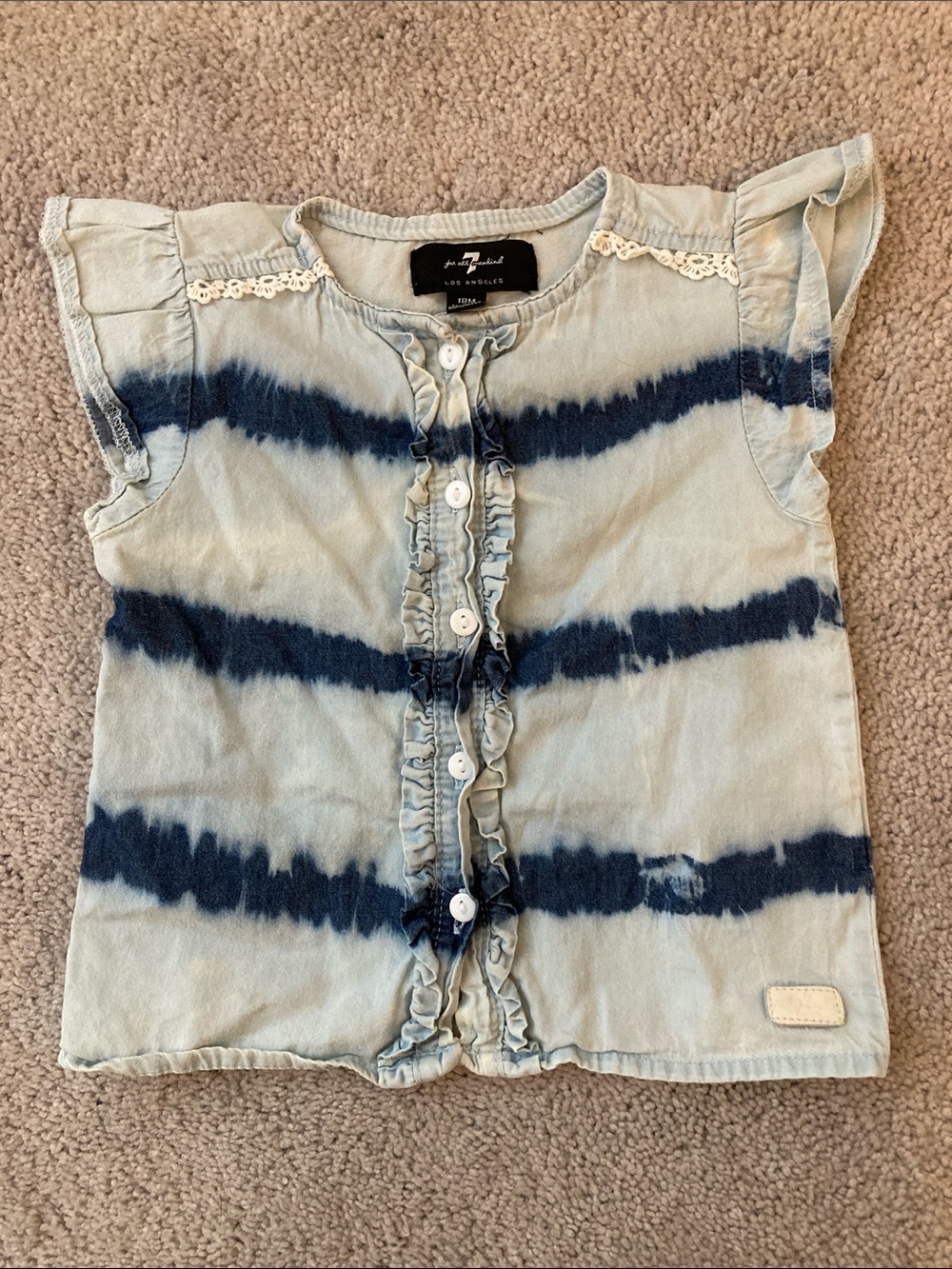 7 For All Mankind Girls Light Blue and Navy Tie-Dye Ruffle Button Top